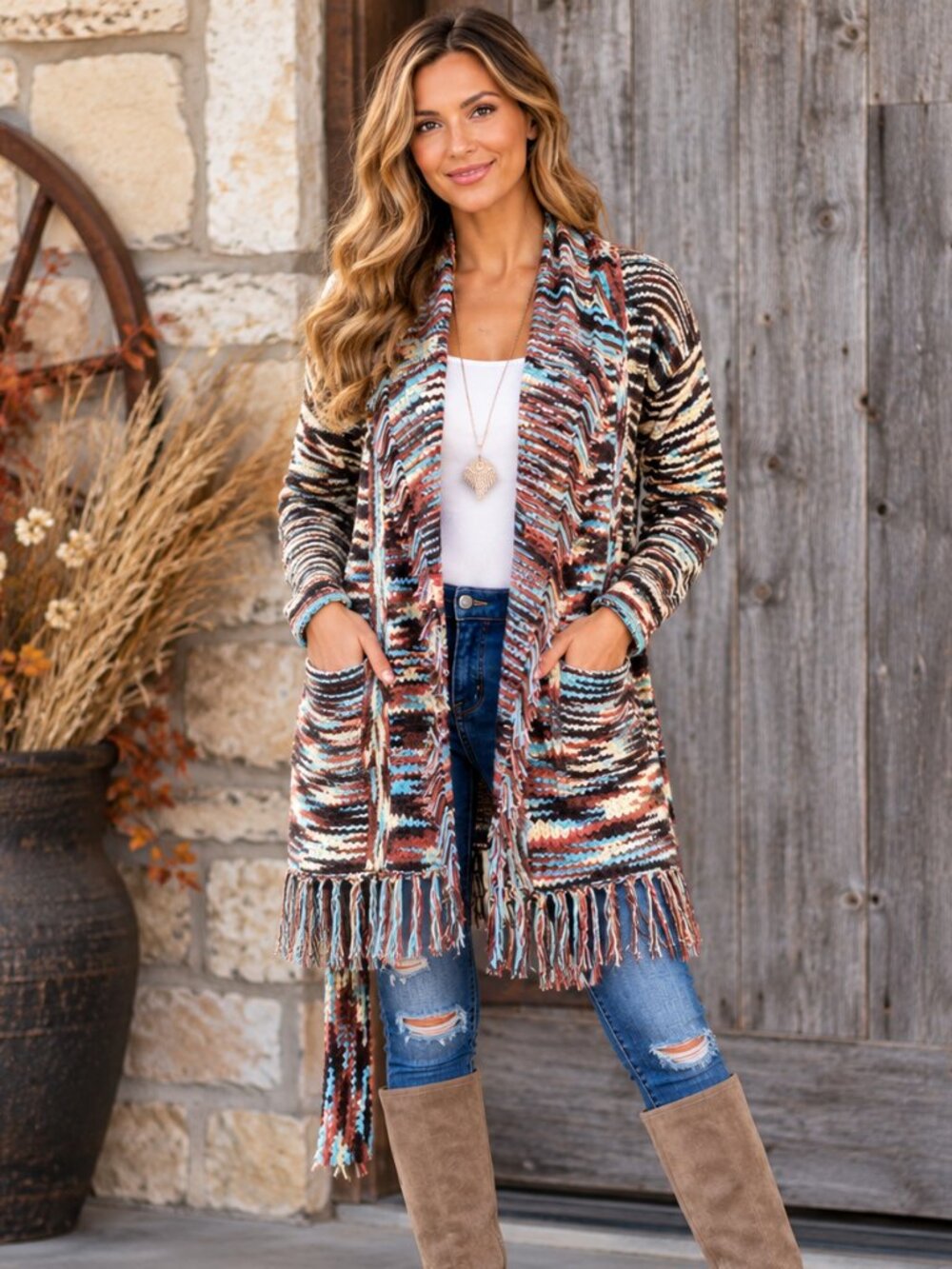 POL Southwestern Boho Fringe Knit Cardigan Multicolor Small